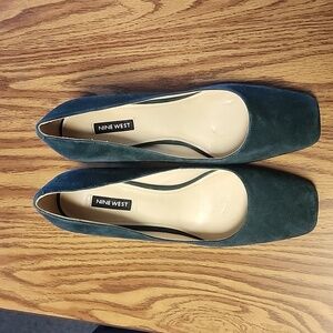 Gentley Nine West Womens Udele Green Suede Block High Heels Pumps Slip On